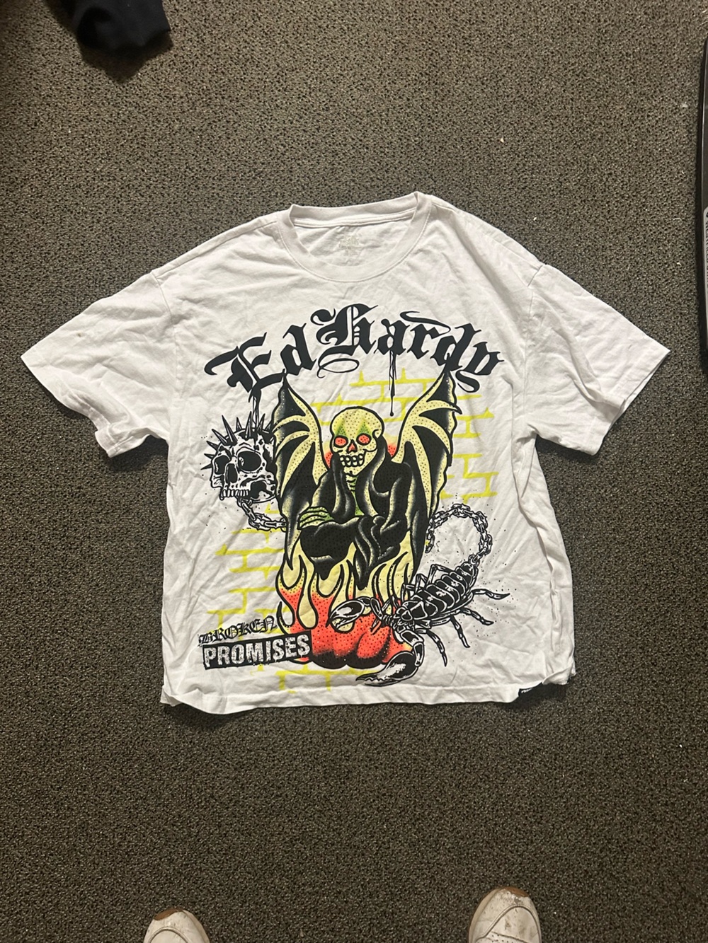 Ed Hardy White Short-Sleeve Tee with Neon Skull and Flaming Heart Graphic